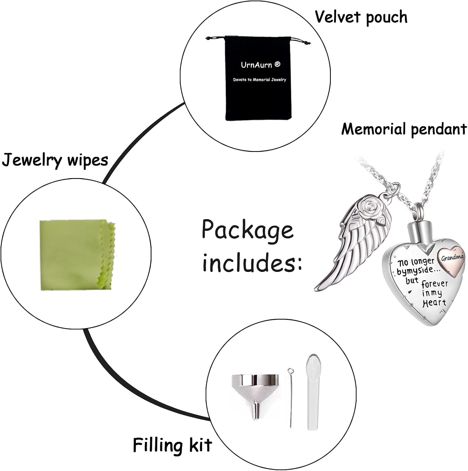 Heart Pendant Necklace, Cremation Necklace for Ashes for Women/Men, Urn Necklace for Ashes Angel Wing Jewelry Memorial Pendant- No Longer by My Side but Forever in My Heart- Pendant for Grandma